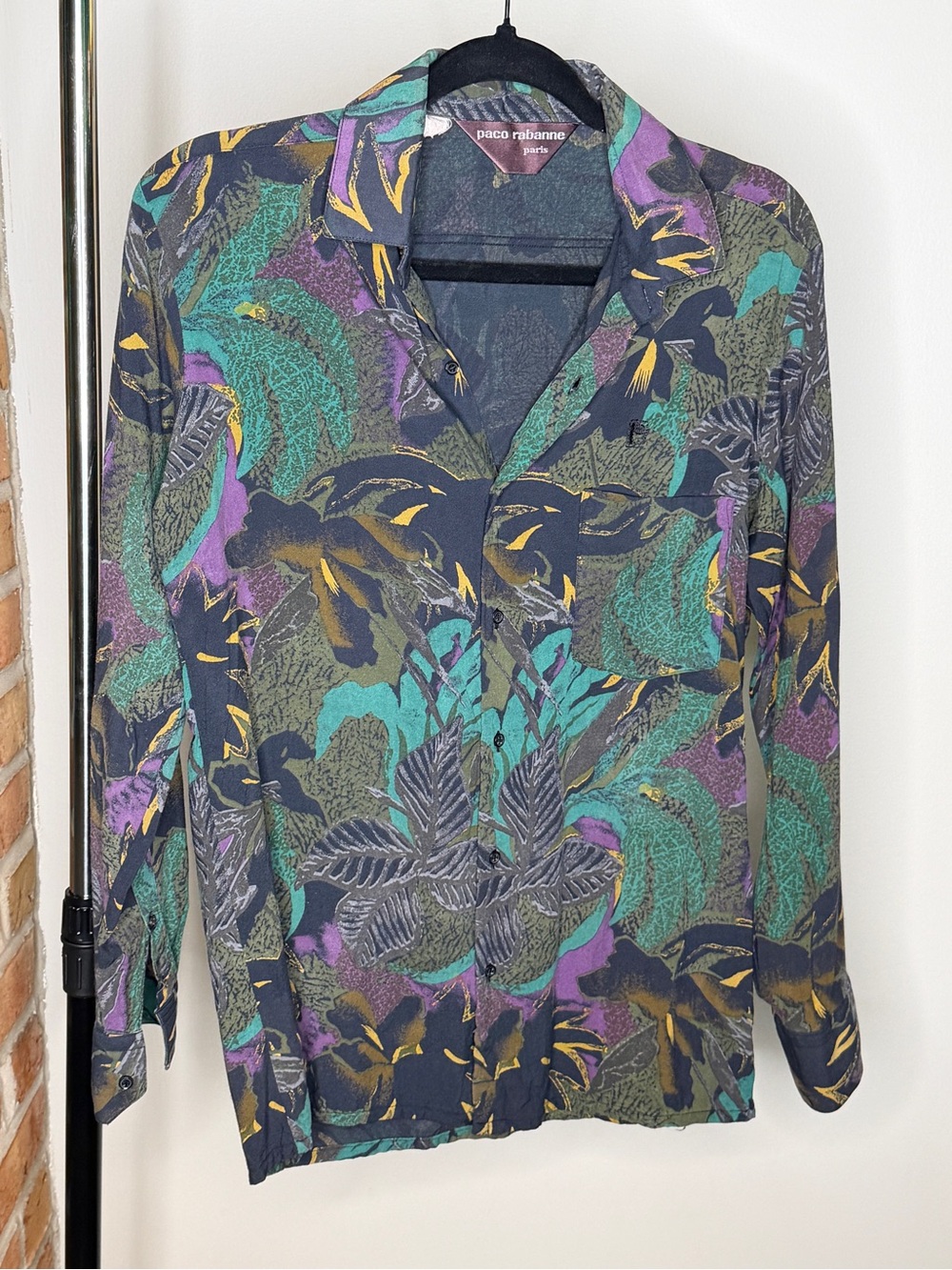 Vintage Paco Rabanne Paris Women's Multicolor Botanical Button-Front Top